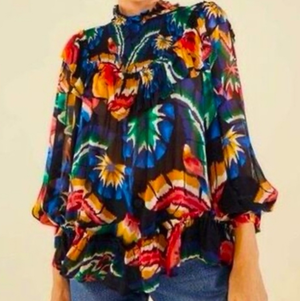 FARM Rio Chevron Forest Colorful Tropical Tiered Ruffled Chiffon Festival Blouse